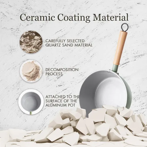 Vista 3 de ROCKURWOK Cacerola antiadherente de cerámica con tapa, ollas pequeñas de 1.5 cuartos de galón para cocinar, olla pequeña con mango de madera para un