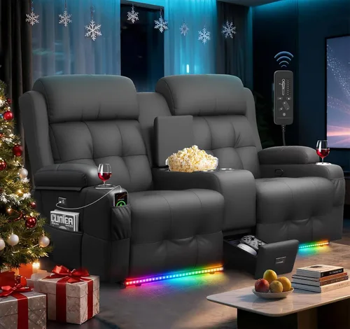 Vista 18 de Sofá reclinable de dos plazas para cine en casa, sofá reclinable de pared con USB, portavasos, sillón reclinable de tela de guijarros, sofá cama