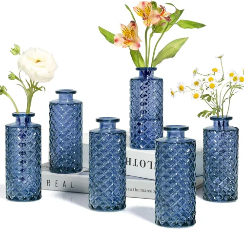 Vista 10 de ComSaf Juego de 6 jarrones de cristal, pequeños jarrones de diamante a granel, mini jarrones de flores para centros de mesa, botella vintage