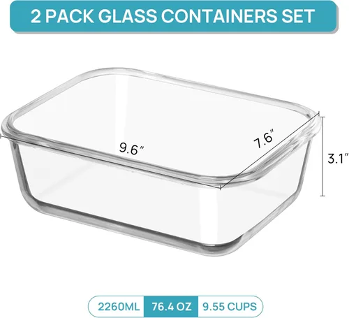 Vista 2 de Vtopmart 2Pack 2260ml/ 76.4oz Large Glass Storage Containers with Lids, Meal Prep Food Container Set with Snap Airtight Lid for Baking, Microwave