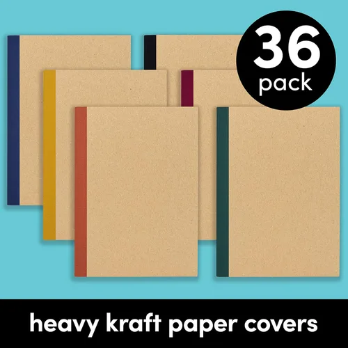 Vista 3 de PAPERAGE Paquete de 36 cuadernos de composición, 120 páginas, cubierta de papel kraft con lomo de tono de joya, papel rayado con rayas