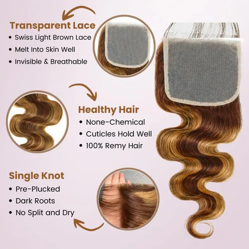 Vista 3 de ALHER Cierre de Encaje 4x4 Body Wave Rubio Miel con Mechas Marrones Ombré 4/27 Coloreado Cierre 4x4 Ondulado Raya Libre Melt 10 Pulgadas 12A