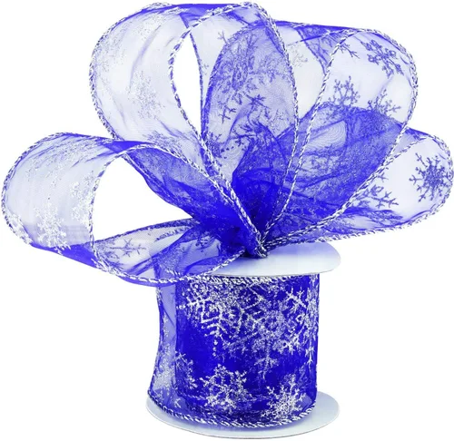 Boao Cinta de organza de 2.5 pulgadas de ancho con copo de nieve con alambre de cinta transparente con carrete para decoración de Navidad, envoltura