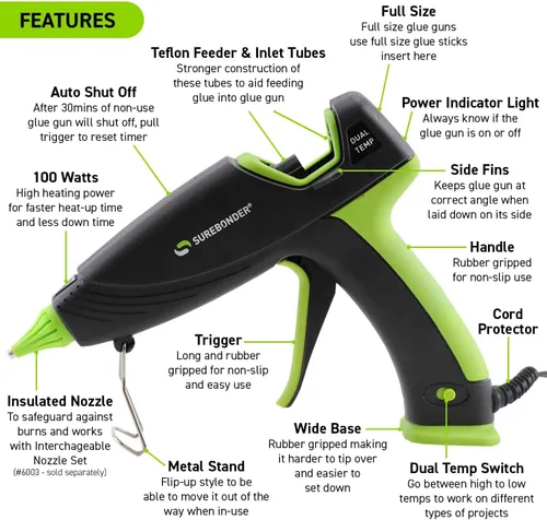 Vista 3 de Surebonder Pistola de pegamento caliente y barras de pegamento, pistola de pegamento caliente de doble temperatura de 100 W con 20 barras