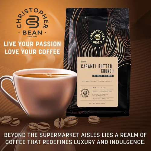 Vista 6 de Christopher Bean Coffee - Café descafeinado con sabor crujiente a mantequilla de caramelo molido con tostado medio Café crujiente de mantequilla