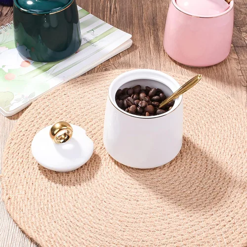 Vista 4 de Tazones de azúcar de cerámica con cuchara de acero inoxidable tazón de sal con tapa para el hogar y la cocina, color blanco