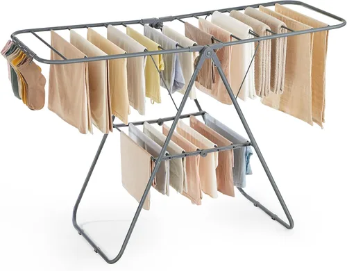 Vista 9 de SONGMICS ULLR052B01 - Tendedero de ropa con clips para calcetines, estante de lavandería de metal, plegable, ahorra espacio, tendedero