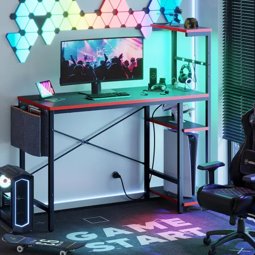 Vista 11 de Bestier Escritorio para juegos con tomas de corriente, escritorio LED grande de 61 pulgadas con estantes reversibles de 4 niveles, mesa