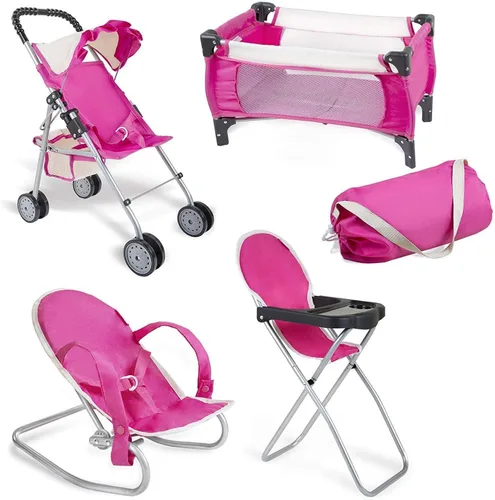 Vista 11 de fash n kolor El juego de 4 piezas para muñeca de bebé, diseño de flores, incluye paquete plegable y juego, cochecito de muñeca de bebé, silla alta