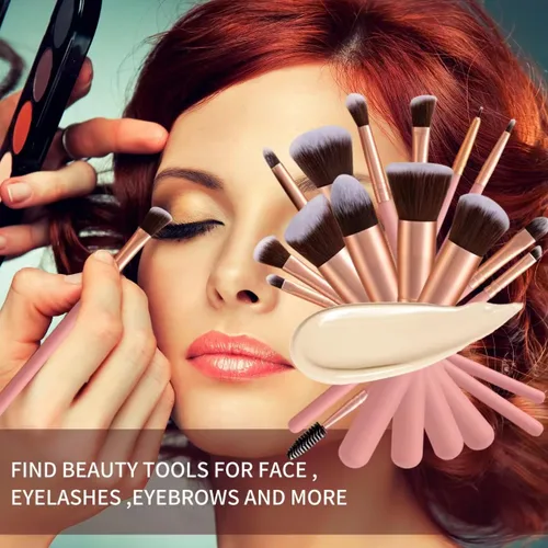 Vista 4 de 14 Piezas Pinceles de Maquillaje Rosa - Mango de Madera con Cerdas Sintéticas Suaves, para Maquillaje de Rostro y Ojos Juego de Pinceles