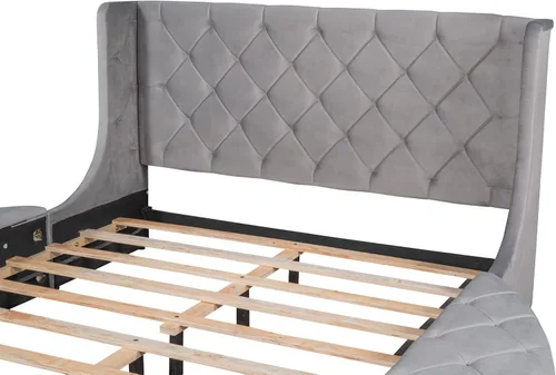 Vista 24 de Elegante cama de plataforma tapizada de terciopelo con 1 cajón grande y 2 taburetes de almacenamiento laterales, base de colchón de plataforma