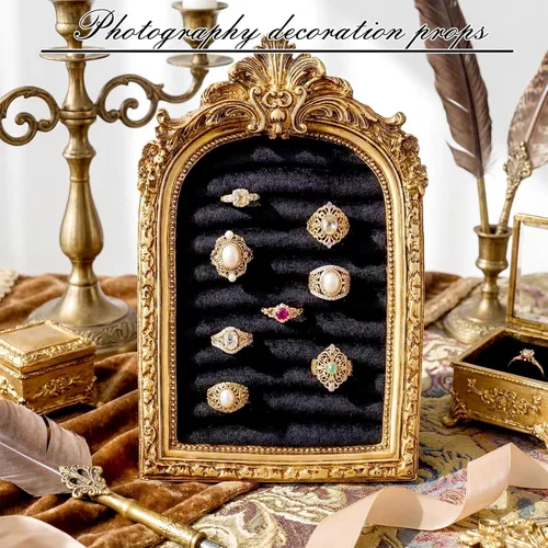 Vista 3 de Liliaafar Soporte de anillo vintage con arco negro para exhibición de boda, joyero de gamuza, marco para aretes, bandeja de aniversario, compromiso