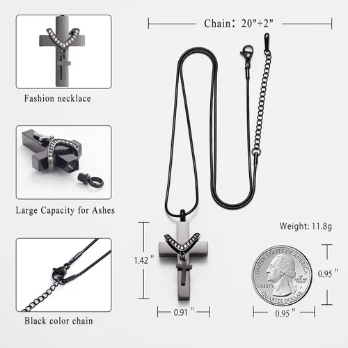 Vista 2 de Dije de urna para cenizas de cremación, diseño de cruz de acero inoxidable