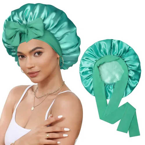 Vista 28 de Gorro de satén de seda para dormir, gorro de seda de doble capa con banda elástica para cabello rizado