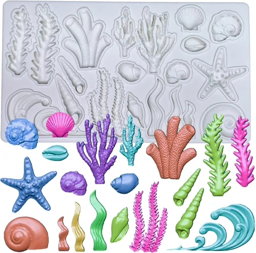 Tema marino, concha, estrella de mar de coral, algas, algas marinas, fondant, artesanía de azúcar, decoración de pasteles, decoración de cupcakes,