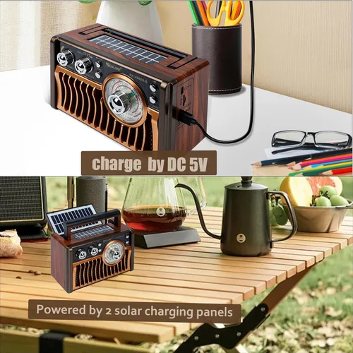 Vista 2 de Radios AM FM portátiles, radios retro con altavoces de alta potencia, compatible con alimentación USB y carga de paneles solares. Tarjeta TF Café)
