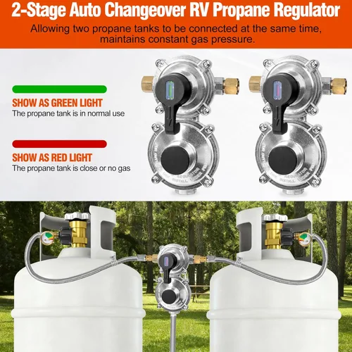 Vista 3 de Regulador de propano para RV, 2 mangueras de tanque, regulador de gas propano LP, cambio automático de 2 etapas con manómetro y dos mangueras