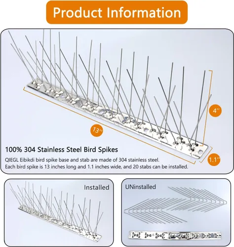 Vista 4 de QIEGL Púas para pájaros de acero inoxidable 304 para palomas pequeñas, antipájaros, gorriones, cerca de picos, cubierta de picos de 10.8 pies