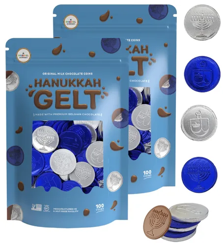 Vista 6 de Paquete de 25 monedas de chocolate con leche, Hanukkah Gelt, monedas azules y plateadas, hechas con chocolate belga premium, sin gluten, sin OGM