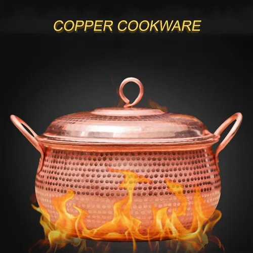 Vista 2 de Olla de sopa de cobre martillada, juego de utensilios de cocina hechos a mano con asas y tapas, sartén de cocina vintage de cobre