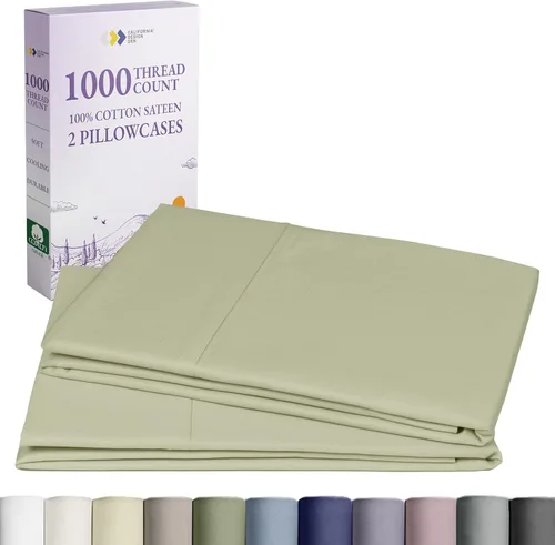 Vista 14 de California Design Den Fundas de Almohada Tamaño Queen Juego de 2 - 1000 Hilos Satén, Suaves y Gruesas 100% Algodón Fundas de Almohada Beige