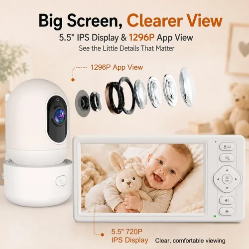 Vista 3 de Blemil Monitor de bebé WiFi inteligente de 5.5 pulgadas con cámara y audio