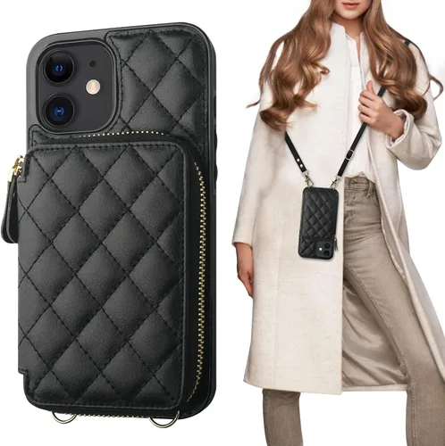 Bocasal Funda tipo cartera cruzada para iPhone 12/12 Pro, bloqueo RFID, de piel sintética, con cremallera, bolso cartera con tapa plegable, funda