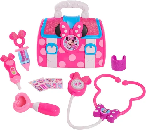 Vista 4 de Disney Junior Minnie Mouse Bow-Care Kit médico de 8 piezas para niños pequeños de 3 a 5 años, estetoscopio de luces y sonidos, licencia