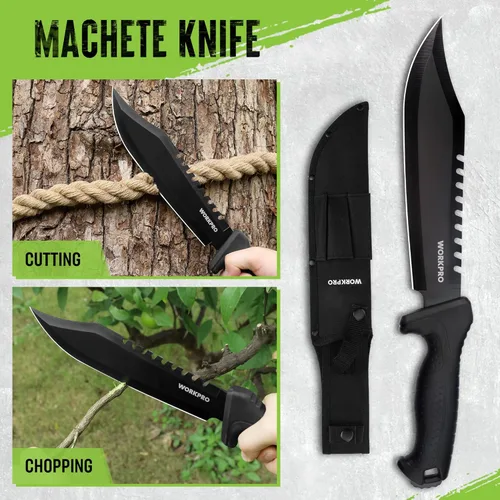Vista 4 de WORKPRO Hacha de camping y machete con funda, hacha de campamento y cuchillos de hoja fija con mango de paracord, linterna frontal, pedernal, juego