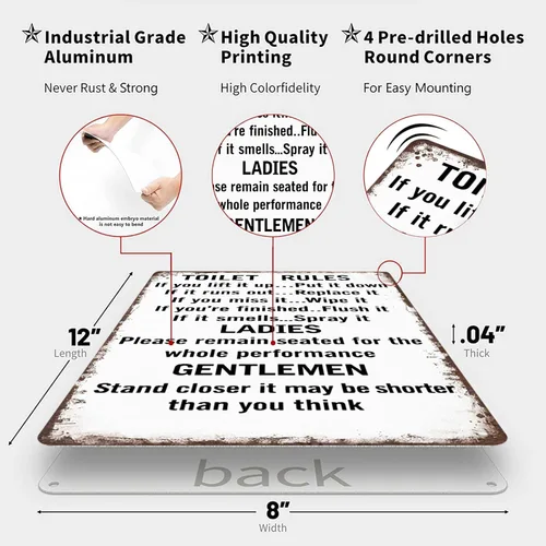 Vista 2 de Funny Metal Tin Signs Toilet Rules Tin Sign Poster Wall Art for Dorm Home Garage Office Decor 8X12inch