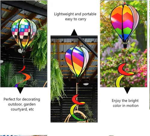 Vista 4 de timecity 3 piezas de globo de aire caliente Spinner de viento Rainbow Garden Pinwheels Whirligigs Molino de viento Molino de viento rayado arco iris