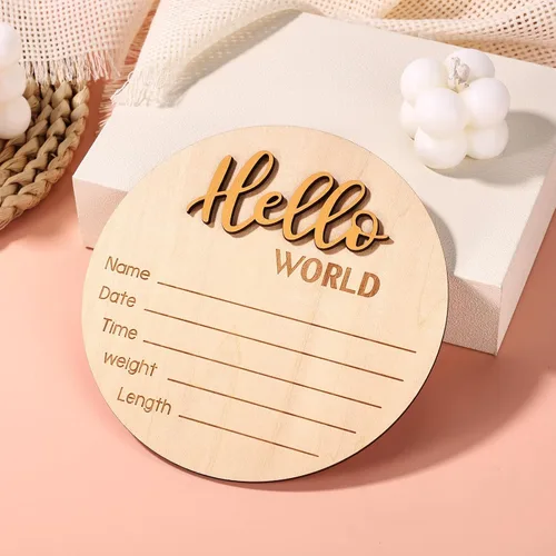 Vista 4 de NQEUEPN Letrero de anuncio para recién nacido, 5.9 pulgadas, de madera con texto en inglés «Hello World», letrero de bienvenida para bebés, placas