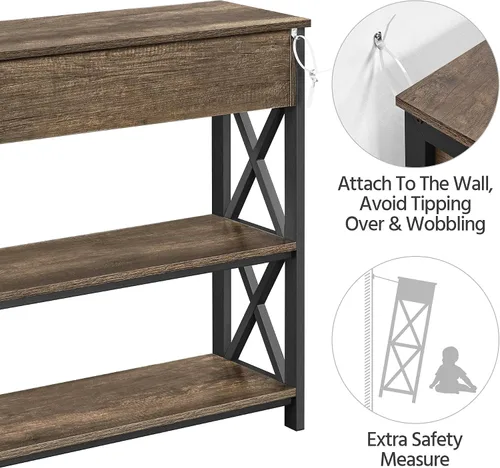 Vista 7 de Topeakmart Mesa consola industrial con almacenamiento para entrada, mesa de consola de 3 niveles con cajón, mesa de pasillo resistente para sala