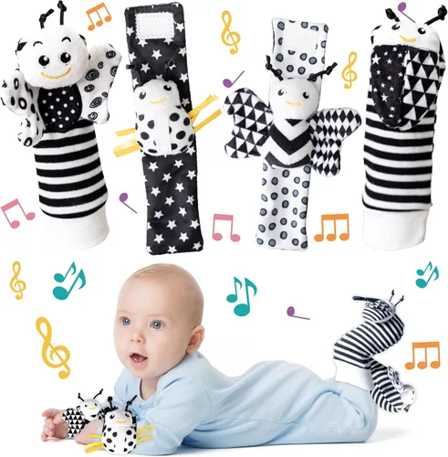 Juguetes para bebés de 0 a 6 meses, calcetines de sonajero para bebés recién nacidos | 4 piezas de sonajeros de muñeca - Artículos esenciales para