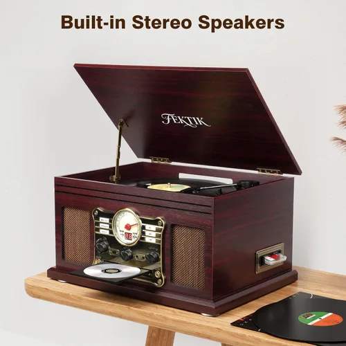 Vista 6 de FEKTIK Tocadiscos Bluetooth 10 en 1, tocadiscos de 3 velocidades con altavoces, entrada y salida Bluetooth, CD, casete, radio FM, transmisión
