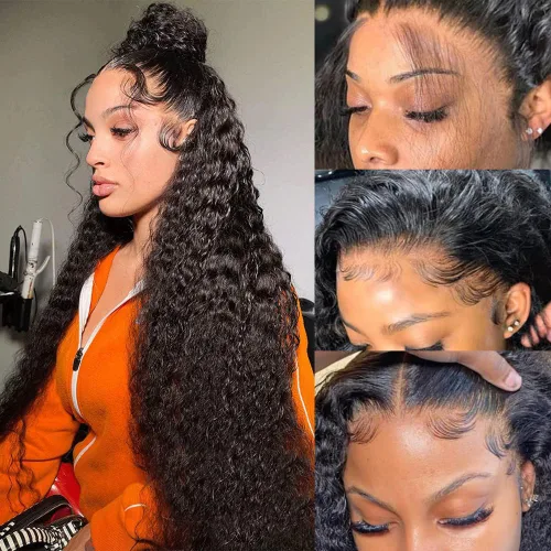 Vista 12 de Pelucas de cabello humano ondulado profundo con encaje frontal, prearrancado, densidad del 200%, peluca de cabello humano de 13 x 6 pulgadas