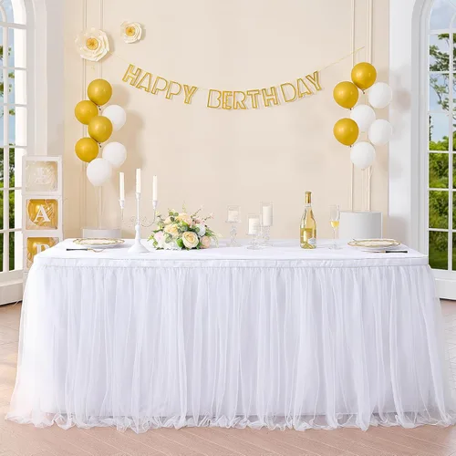 Vista 24 de Suppromo Pack de 2 faldas de mesa de tul azul de 6 pies para mesas rectangulares o redondas, mantel de tul azul para baby shower, cumpleaños