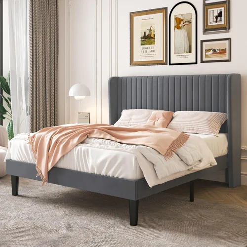Vista 10 de SHA CERLIN Base de cama de terciopelo tamaño Queen con cabecera capitoné de canal vertical, plataforma tapizada con listones de madera, no necesita