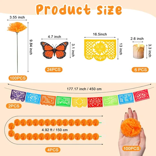 Vista 2 de Zeyune Juego de 236 piezas de decoración del Día de los Muertos, 100 caléndulas artificiales con tallo, 4 guirnaldas de caléndula, 24 mariposas