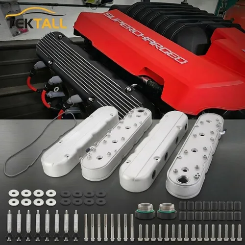 Vista 3 de LS - Cubiertas de válvula de aluminio fundido liso con soportes de bobina y cubiertas compatibles con Che-vy Small Block SB V8 293 325 376 427