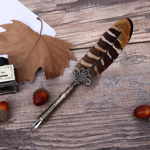Vista 5 de Bolígrafo de plumas de búho vintage con plumas refinadas para bodas, firmas y escritura