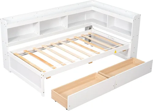 Vista 35 de Quarte Elegante cama de plataforma con estanterías en forma de L, cama de plataforma de madera tamaño individual con 2 cajones de almacenamiento