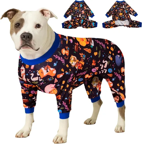 Vista 9 de LovinPet Monos para perros grandes: Pijamas para perros grandes, postoperatorio/cuidado de heridas, tela elástica ligera, estampado negro