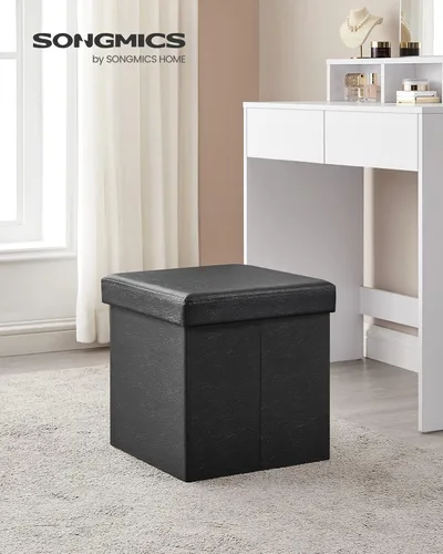 Vista 2 de SONGMICS cubo de almacenamiento de piel sintética, asiento, 15 pulgadas, Madera, Negro