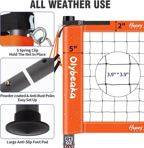 Vista 2 de 20ft Portable Outdoor Volleyball Net Set for Backyard Beach with 1.25" Adjustable Heavy Duty Poles, 28-ply Durable PE Net, PU Volleyball & Pump