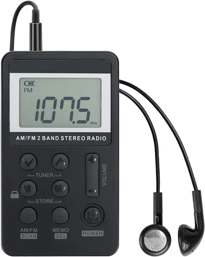 Radio de bolsillo personal AM/FM portátil VR robot, mini radio de sintonización digital, con batería recargable, auriculares, pantalla de bloqueo
