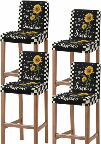 Vista 9 de Juego de 2 fundas elásticas para taburete de bar con diseño de girasoles y flores de granja vintage, a cuadros, elásticas, extraíbles y lavables