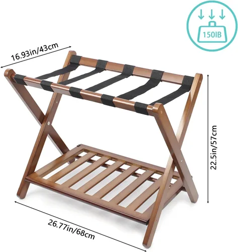 Vista 5 de Juego de 2 portaequipajes de nogal de bambú totalmente montados, 5 correas de nailon, soporte plegable para maleta, soportes de equipaje con estante
