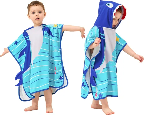LOLANTA Toalla de baño con capucha para niños, toalla de baño suave de gran tamaño, poncho de natación para niños (tiburón, 4-6)