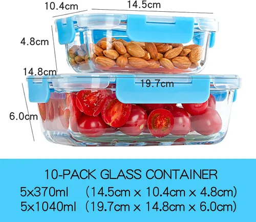 Vista 3 de C CREST Contenedores de vidrio para preparación de comidas, [paquete de 10] recipientes de vidrio para almacenamiento de alimentos con tapas, cajas